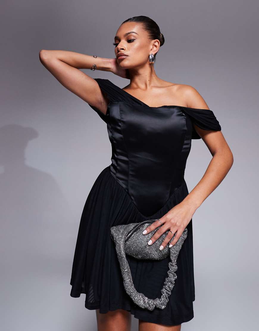 Taideux - Savannah - Größere Brust - Mini-Korsettkleid aus Satin und Netzstoff in Schwarz mit schulterfreiem Detail von Taideux