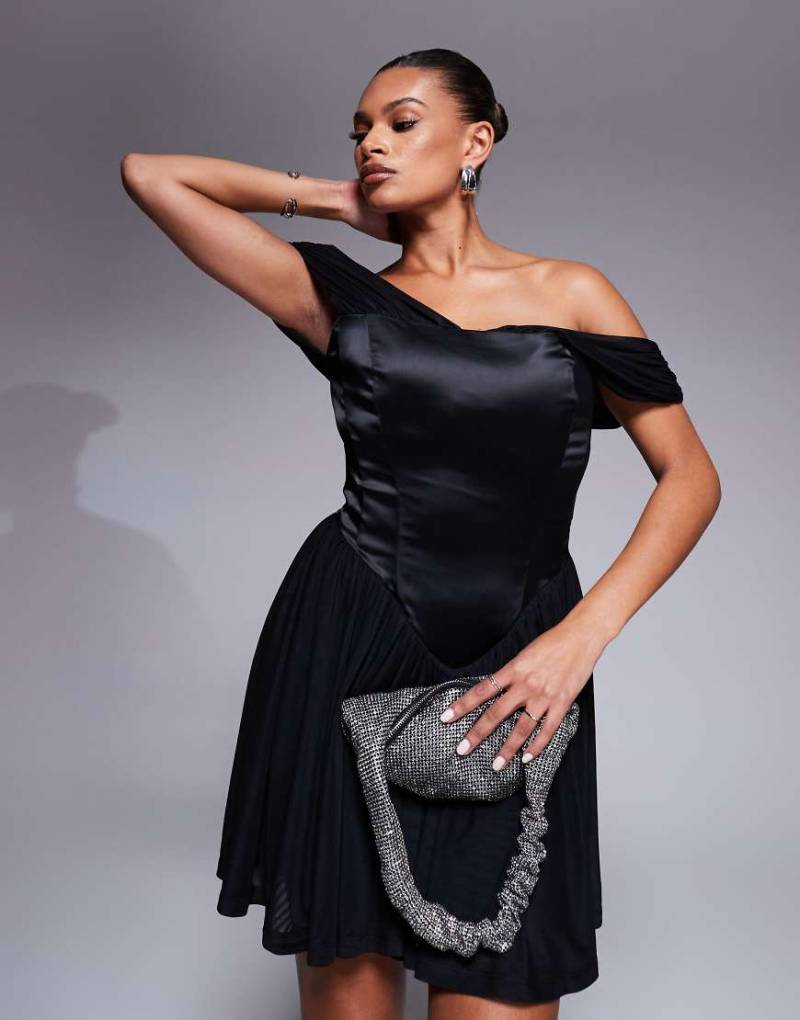 Taideux - Savannah - Größere Brust - Mini-Korsettkleid aus Satin und Netzstoff in Schwarz mit schulterfreiem Detail von Taideux