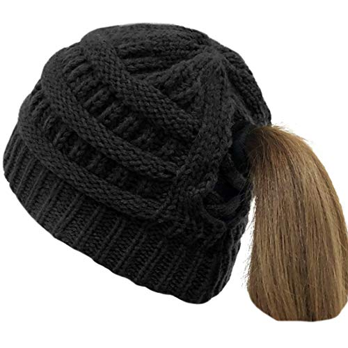 Taidor Soft Stretch Kabel Strickmütze Mädchen Pferdeschwanz Beanie Hut für Damen Messy Bun Beanie Tail Slouchy Warm Hat Schwarz von Taidor