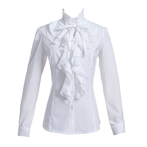 Taiduosheng Damen-Shirt, Spitze, Rüschenausschnitt, Stehkragen, Button-Down-Bluse, langärmelig, OL Shirt Tops, weiß, L von Taiduosheng