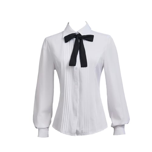 Taiduosheng Damen Slim Tops Blusen Langarm Weiß Button Down Shirts mit Bindebändern Arbeitshemden, Weiße, schwarze Krawatte, S von Taiduosheng
