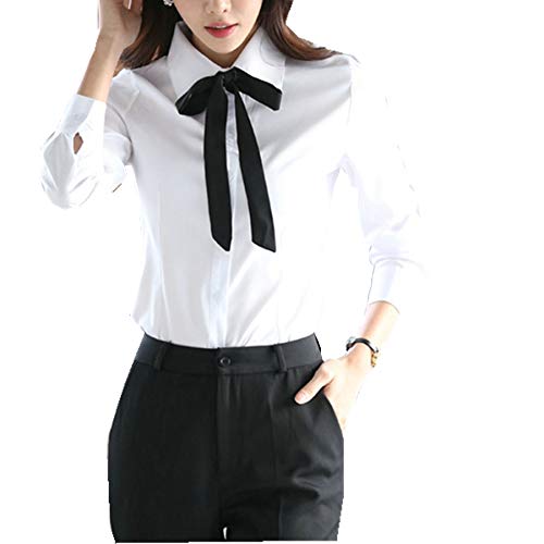 Taiduosheng Damen Slim Tops Blusen Langarm Weiß Button Down Shirts mit Bindebändern Arbeitshemden, weiß, XL von Taiduosheng