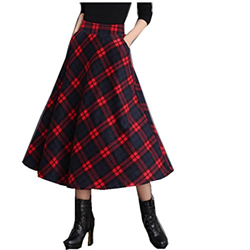 Taiduosheng Damen Wolle Maxi Rock A-Linie Doppeltaschen Plissee Vintage Plaid Winter Swing Röcke Gr. 36, rot von Taiduosheng