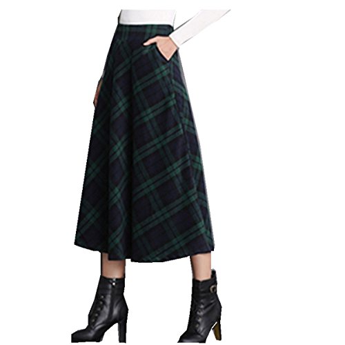 Taiduosheng Damen Wolle Maxi Rock A-Linie Doppeltaschen Plissee Vintage Plaid Winter Swing Röcke Gr. 48, grün von Taiduosheng