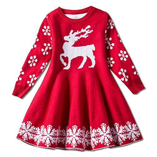 Taiduosheng Mädchen Warmes Strickkleid Weihnachten Rentier Schneeflocke Pullover Swing Kleid Pullover von Taiduosheng