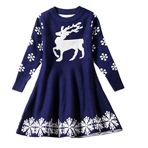 Taiduosheng Mädchen Warmes Strickkleid Weihnachten Rentier Schneeflocke Pullover Swing Kleid Weihnachtsgeschenk Pullover Gr. 140 cm, marineblau von Taiduosheng