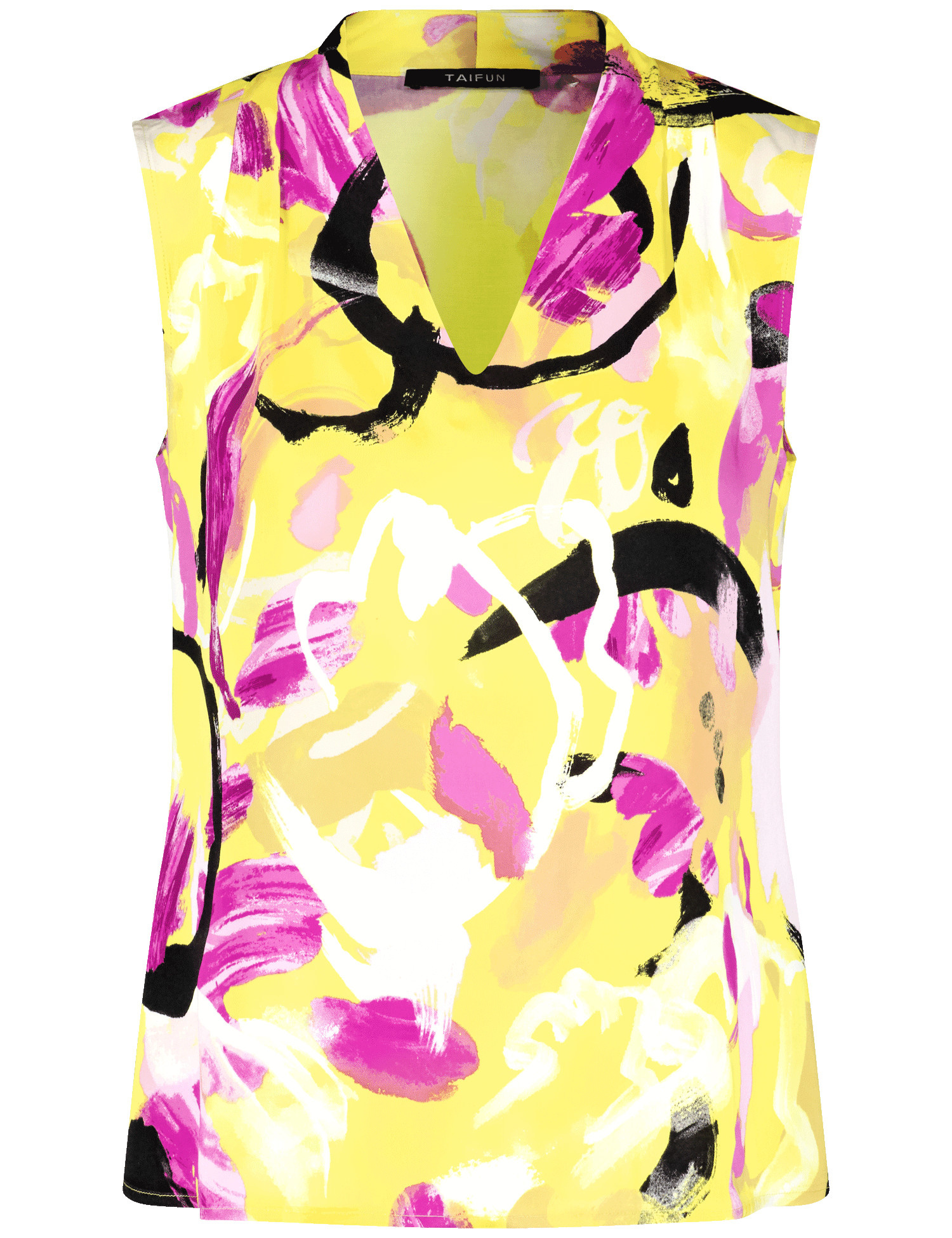 TAIFUN Damen Ärmellose Bluse mit Floral-Print 58cm V-Ausschnitt Viskose Gelb gemustert, 48 von Taifun