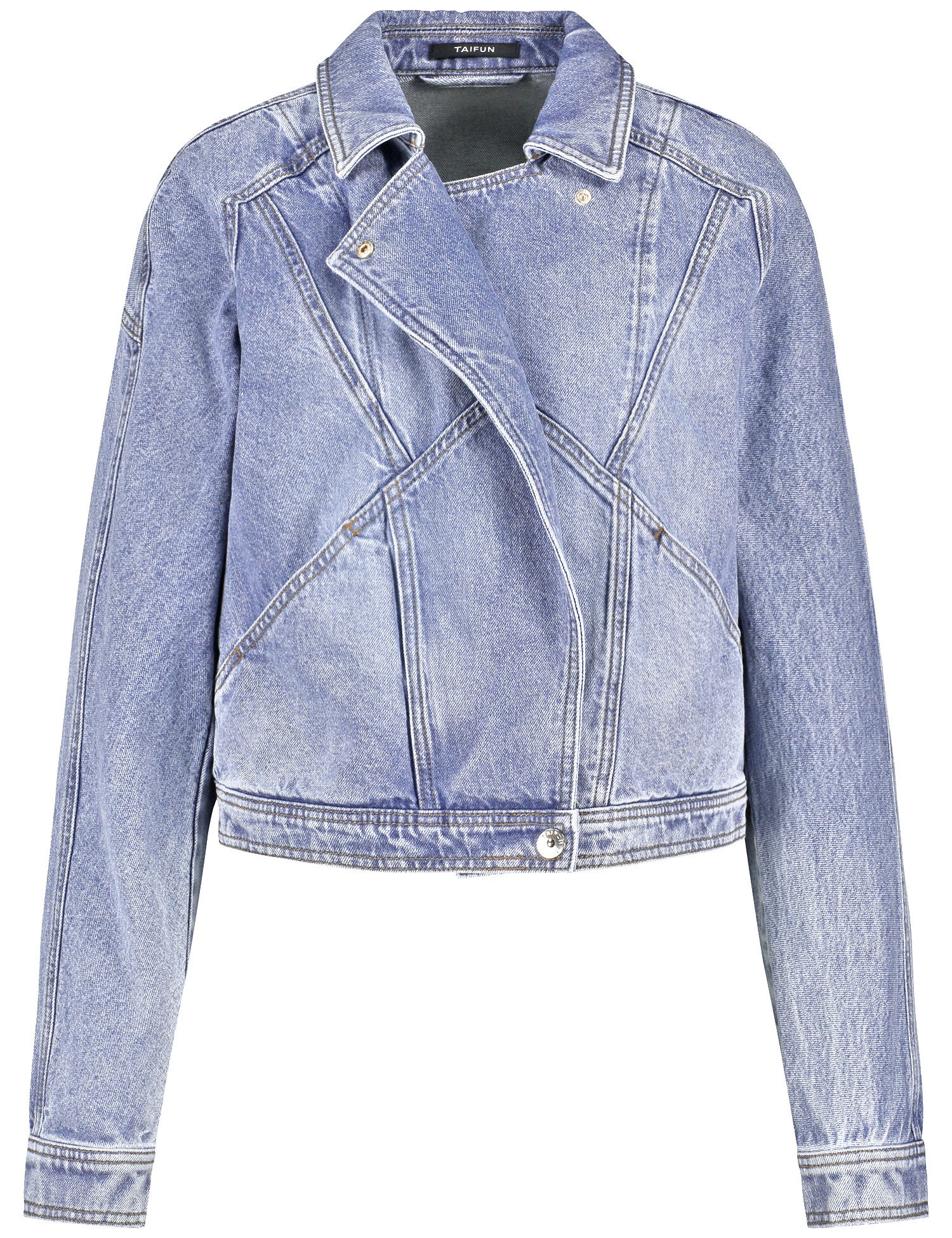 TAIFUN Damen Jeansjacke im Bikerstyle 52cm Langarm Revers Baumwolle Druckknopfverschluss|Asymmetrischer Verschluss Blau, 42 von Taifun