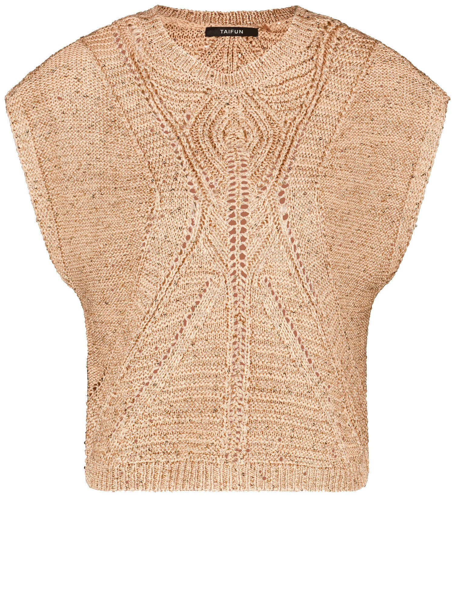 TAIFUN Damen Kurzarmpullover mit transparentem Ajoursmuster Rundhals Polyacryl Beige, 48 von Taifun