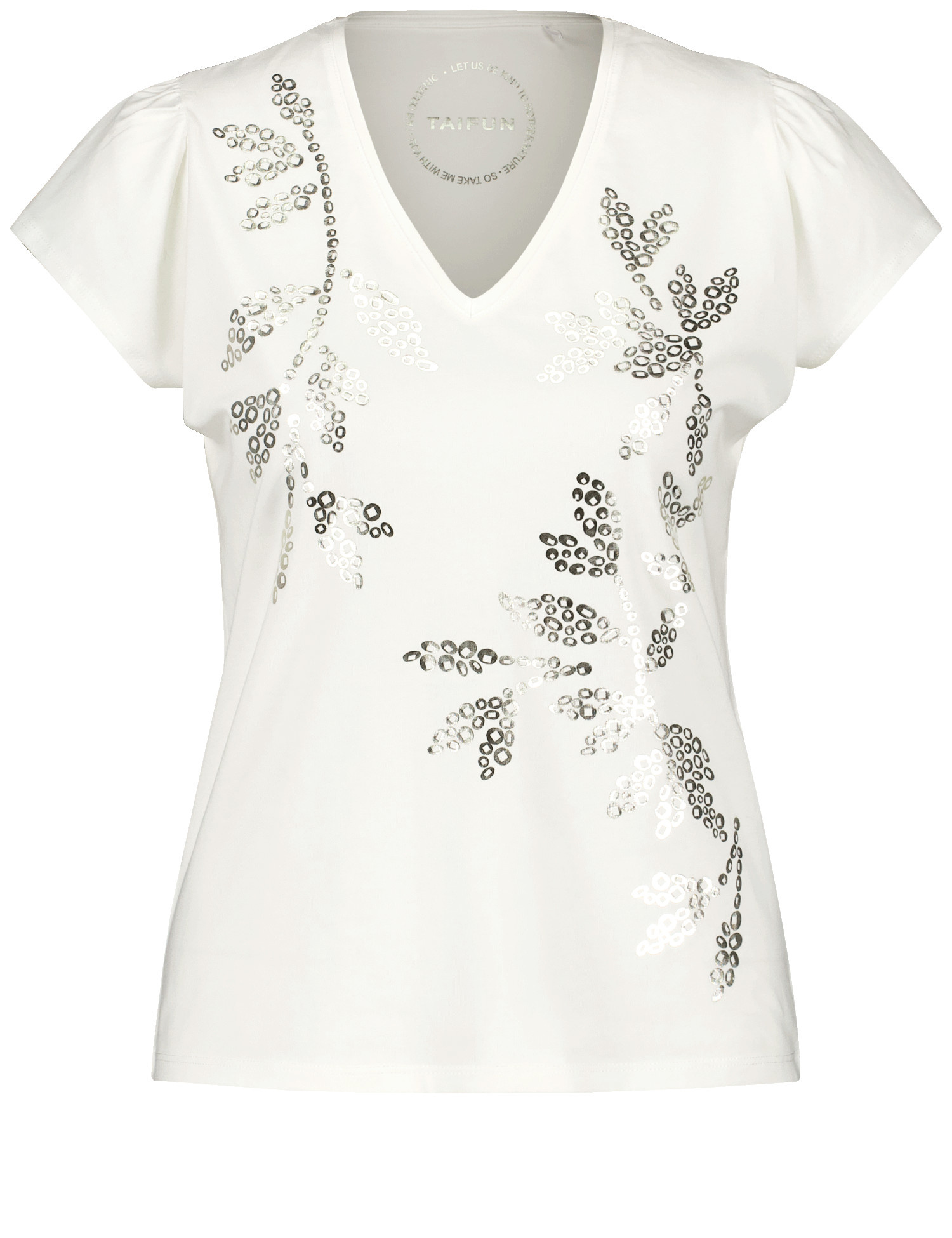 TAIFUN Damen Shirt mit abstraktem Print 60cm Kurzarm V-Ausschnitt Baumwolle Weiss floral, 36 von Taifun