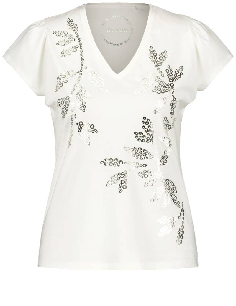 TAIFUN Damen Shirt mit abstraktem Print 60cm Kurzarm V-Ausschnitt Baumwolle Weiss floral, 36 von Taifun