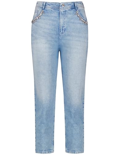 Taifun Damen 7/8 Jeans mit Strasssteinen Mom Fit unifarben, Washed-Out-Effekt 7/8 Länge Bleached Blue Denim 38 von Taifun