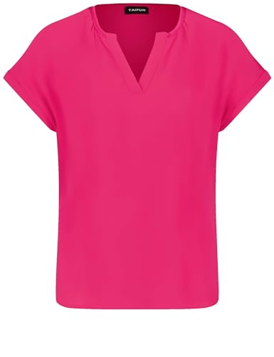 Taifun Damen Blusenshirt mit Chiffon-Layer Kurzarm, überschnittene Schultern, mit Ärmelaufschlag unifarben Luminous Pink 38 von Taifun