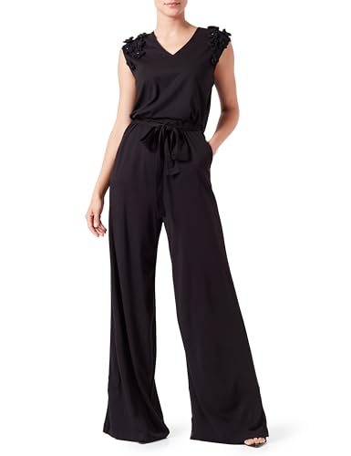 Taifun Damen Eleganter Jumpsuit mit Chiffon-Blumen überschnittene Schultern, Kurzarm unifarben lang Schwarz 48 von Taifun