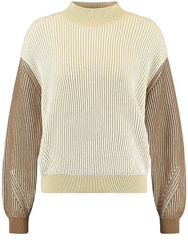 Taifun Damen Pullover mit Colourblocking Langarm, Strickbündchen gepatched, unifarben Light Sand Gemustert 38 von Taifun