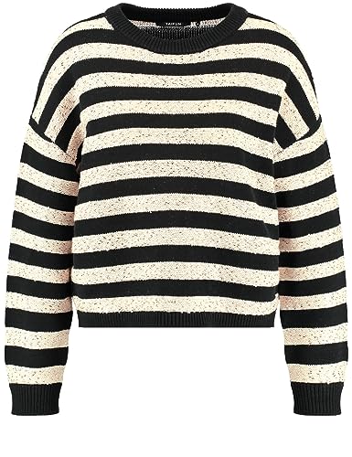 Taifun Damen Ringel-Pullover mit Pailletten-Dekor Langarm, Strickbündchen, überschnittene Schultern gestreift Black/Light Sand Ringel 38 von Taifun