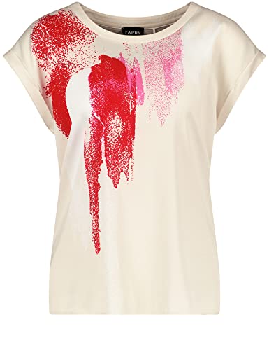 Taifun Damen T-Shirt mit Satin-Front Kurzarm, mit Ärmelaufschlag, überschnittene Schultern Frontprint Light Creme Gemustert 34 von Taifun