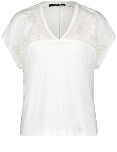 Taifun Damen T-Shirt mit floraler Stickerei überschnittene Schultern, Kurzarm unifarben, floral Offwhite Gemustert 48 von Taifun