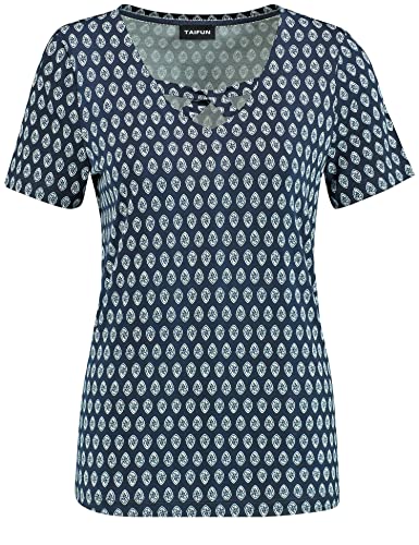 Taifun Damen T-Shirt mit hübschem Ausschnitt Kurzarm Gemustert Dark Ocean Gemustert XS von Taifun