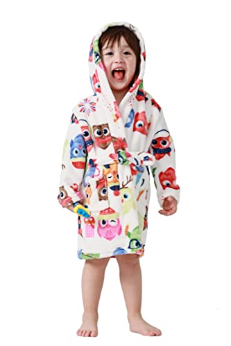 Taigood Kinder Bademantel Jungen Mädchen Hoodie Roben Kleinkind Weicher Pyjama Nachtwäsche Eulenmuster von Taigood