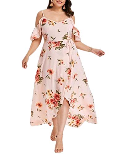 Taigood Damen Plus Size Boho Floral Bedruckte Split Maxi-Kleid Kalte Schulter Boho Beach Maxi-Kleid Rosa 5XL von Taigood
