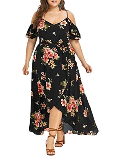 Taigood Damen Plus Size Boho Floral Bedruckte Split Maxi-Kleid Kalte Schulter Boho Beach Maxi-Kleid Schwarz 3XL von Taigood