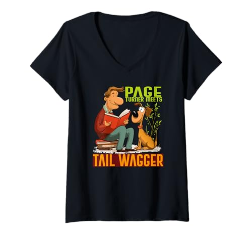 Damen Page Turner Meets Tail wagger T-Shirt mit V-Ausschnitt von Tail Page Turner Meets Wagger Happy Long Dog