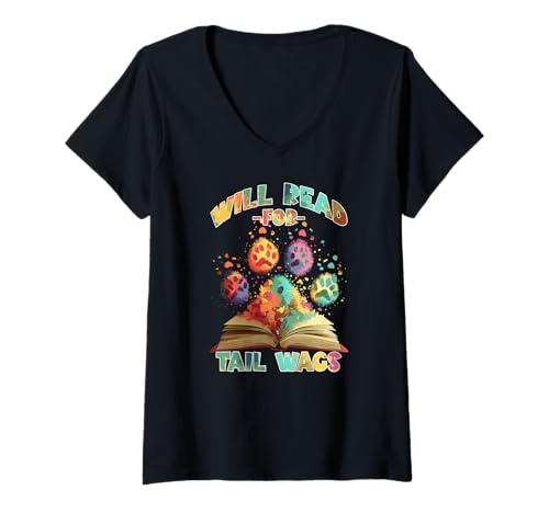 Damen Will Read for Tail Wags T-Shirt mit V-Ausschnitt von Tail Read Chapter Paw Wags Dog Bookmark Book Chew