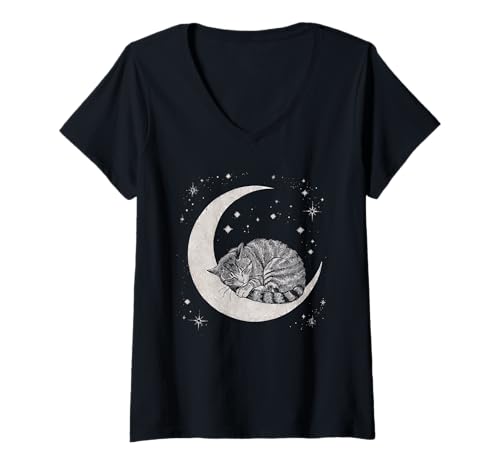 Damen Kätzchen, Katze, kuscheln, Nacht, Halbmond T-Shirt mit V-Ausschnitt Damen Kätzchen, Katze, kuscheln, Nacht, Halbmond T-Shirt mit V-Ausschnitt von Tail Sleeping Cat On Moon Claw Fur Sky
