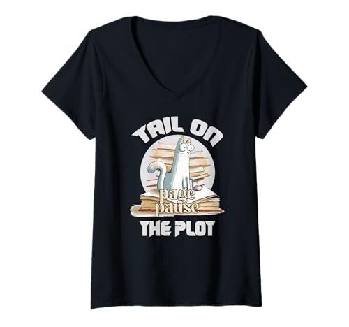 Damen Tail on page pause the plot T-Shirt mit V-Ausschnitt von Tail Story Plot Page Pause Back Cat