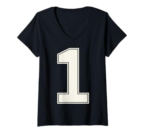 Damen Collegiate Number 1 Monogramm Varsity Block Style Numeral T-Shirt mit V-Ausschnitt von Tailgate Tees