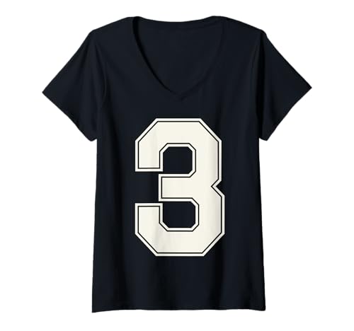 Damen Collegiate Number 3 Monogramm Varsity Block Style Numeral T-Shirt mit V-Ausschnitt von Tailgate Tees