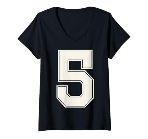 Damen Collegiate Number 5 Monogramm Varsity Block Style Numeral T-Shirt mit V-Ausschnitt von Tailgate Tees