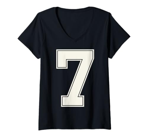 Damen Collegiate Number 7 Monogramm Varsity Block Style Numeral T-Shirt mit V-Ausschnitt von Tailgate Tees
