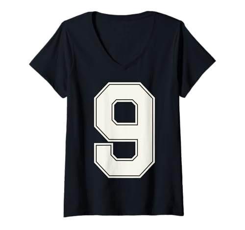 Damen Collegiate Number 9 Monogramm Varsity Block Style Numeral T-Shirt mit V-Ausschnitt von Tailgate Tees