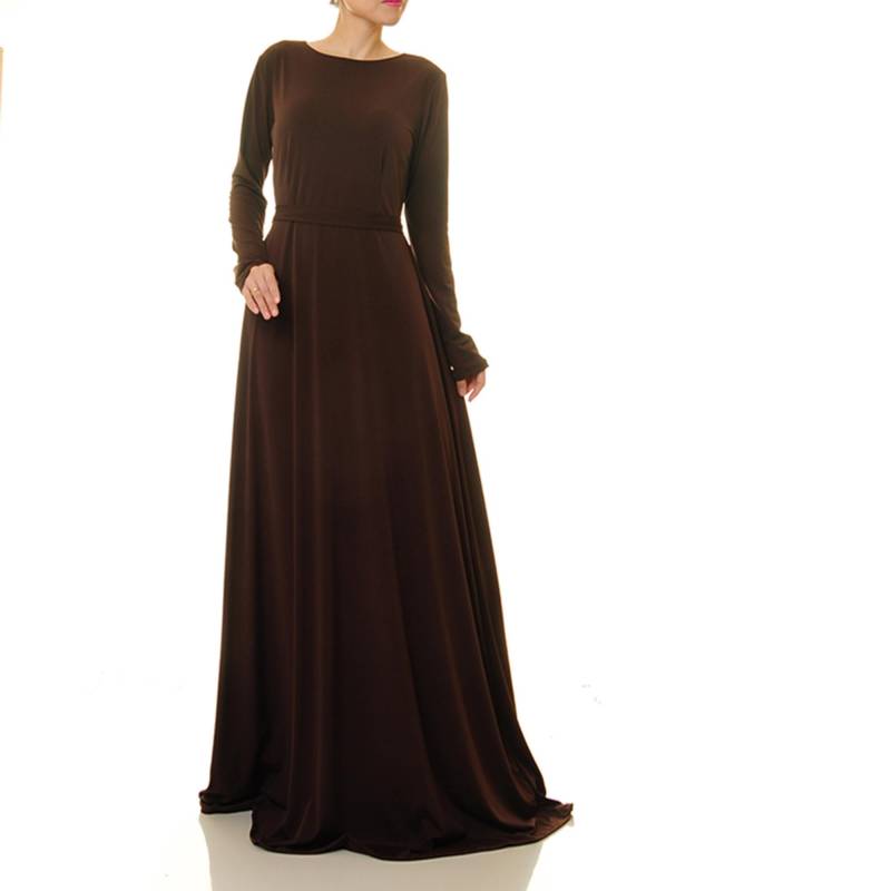Braun Maxi Kleid Langen Ärmeln Abaya | Fit Flare Maxi-Kleid Bescheidenes Langarm Braunes Braune Abendkleid 6431/6432 von Tailored2Modesty