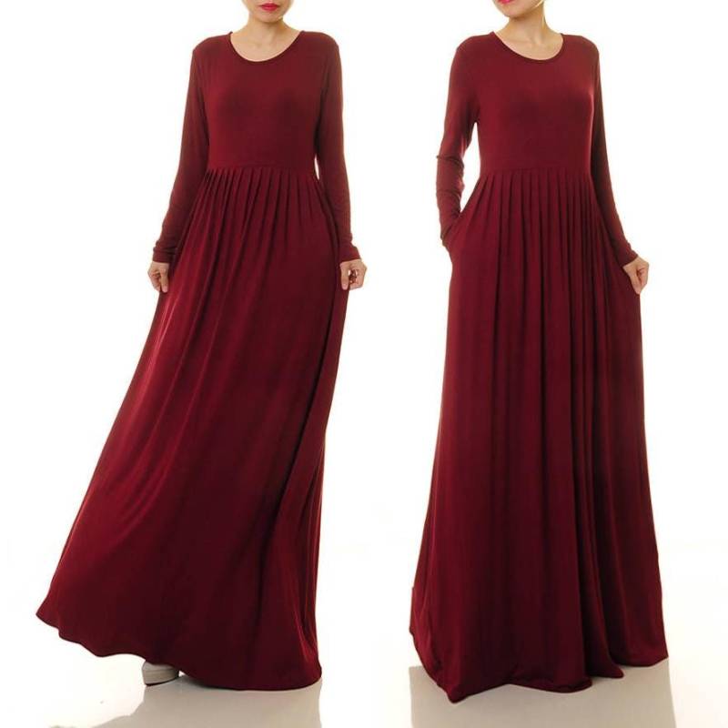 Langes Burgunder Kleid | Burgund Maxi Langarm Rotes Abendkleid Mit Taschen Kastanienbraunes Plus Size 6492 von Tailored2Modesty