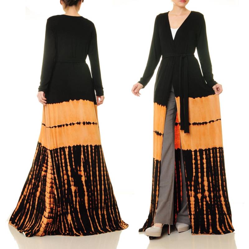 Schwarz Tie Dye Strickjacke Langarm | Boho Staubwedel Kimono Maxikleid Batik Hippie Robe Kleidung Festliche 6635 von Tailored2Modesty