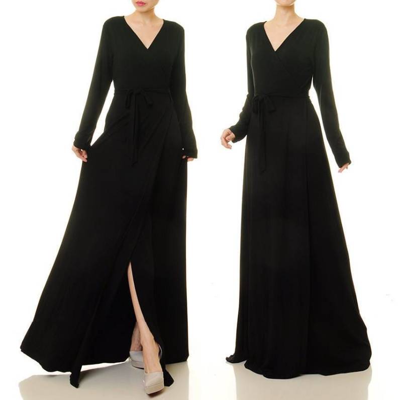 Schwarzes Wickelkleid Langarm | Cocktailkleid Abendkleid Langes Schwarzes Kleid Plus Size Maxi Hochzeits-Gastkleid 6516 von Tailored2Modesty