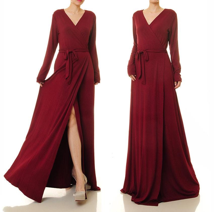 Wickelkleid Langarm in Burgund | Rotes Maxi Kleid Maroon Damen Formelles Abendkleid Weinrotes Cocktail 6513 von Tailored2Modesty