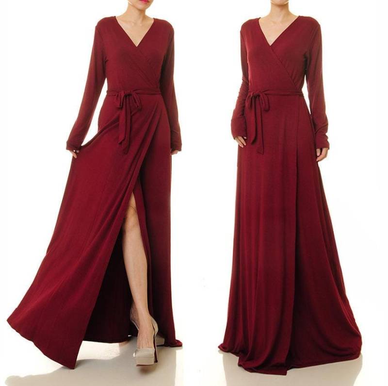 Wickelkleid Langarm in Burgund | Rotes Maxi Kleid Maroon Damen Formelles Abendkleid Weinrotes Cocktail 6513 von Tailored2Modesty