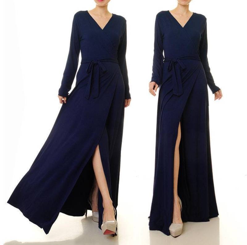 Wickelkleid Langarm in Marineblau | Navy Maxikleid Mit Taschen Brautjungfer Kleid Frauen Abendkleid Crossover-Cocktailkleid 6514 von Tailored2Modesty