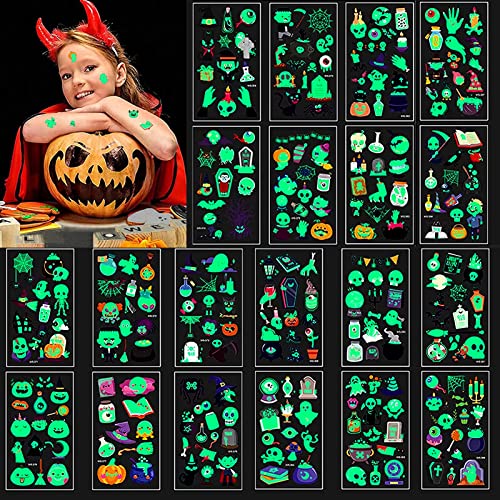 20 Blätter Halloween Tattoo Kinder,200+ Temporäre Tattoos,kindertattoos leuchten im dunkeln,Glow Tattoos Wasserdichte,Dunkeln Leuchten Aufkleber für Halloweenparty Dekoration von TaimeiMao