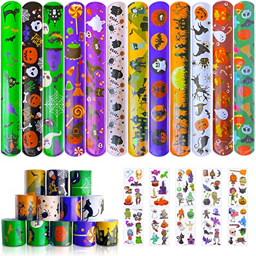 24 Stück Halloween Schnapparmband Kinder,10 Blätters Temporäre Tattoos,Halloween Mitgebsel Kinder,Slap Armband,Give Aways Kindergeburtstag,Halloween Klatscharmband für Junge Mädchen von TaimeiMao