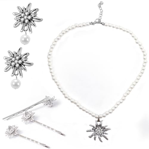 TaimeiMao Trachtenkette mit Strass Edelweiß Herz Anhänger, Edelweiß Armband und Edelweiß Ohrstecker (Perle) von TaimeiMao