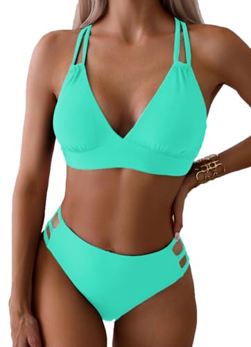 Tainehs Damen-Bikini-Set mit Push-Up-V-Ausschnitt, überkreuzter Rücken, zweiteiliger Badeanzug, Seegrün, Large von Tainehs