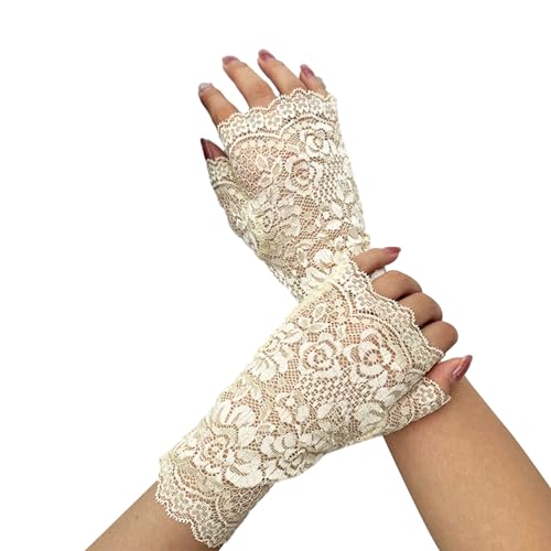 Tainrunse Dehnbare Spitzenhandschuhe für Hochzeit, halber Finger, durchsichtig, aushöhlen, Blumenstickerei, elastisch, für Braut, Abschlussball, Party Beige Einheitsgröße von Tainrunse