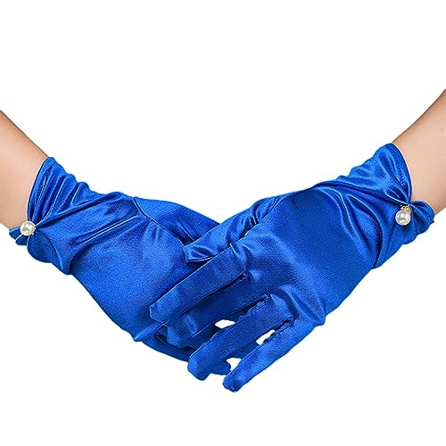 Tainrunse Einfarbige Handschuhe, elegante Vintage-Satin-Brauthandschuhe mit Kunstperlen-Dekor, plissierte Manschetten für Damen-Hochzeitskleid Königsblau Einheitsgröße von Tainrunse