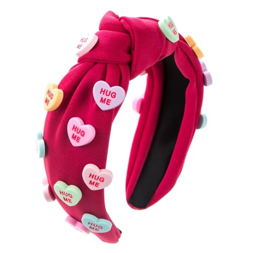 Tainrunse Elegantes Liebes-Stirnband, Valentinstag-Outfit, Accessoire, Valentinstag, Haarband, Herz-Anhänger, Dekoration, breites Band, Stoffknoten, bunt, Rosenrot, 1 Stück von Tainrunse