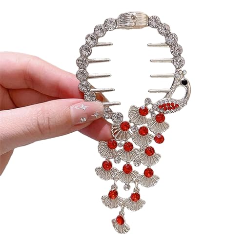 Tainrunse Haarschmuck mit Strasssteinen, elastischer Griff, elegante Pfauenform, Klaue, glänzender Clip, Haarspange, Mädchen, Dutthalter, Haarnadel, Rot von Tainrunse